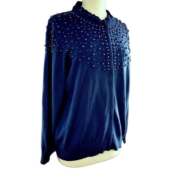 Quacker Factory Zip Front Beaded Cardigan Sweater Top Satin Trim Royal Blue M - Picture 1 of 4